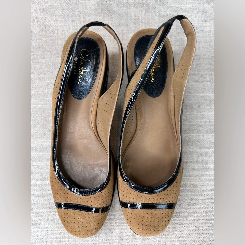 Cole Haan tan perforated suede & black patent‎ wedges heels size 6.5B slingback